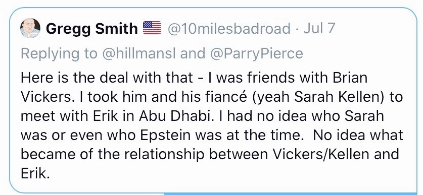 Sarah Kellen Brian Vickers A Twitter conversation highlighting a statement from Gregg Smith about his friendship with NASCAR driver Brian Vickers and his fiancée, Sarah Kellen.