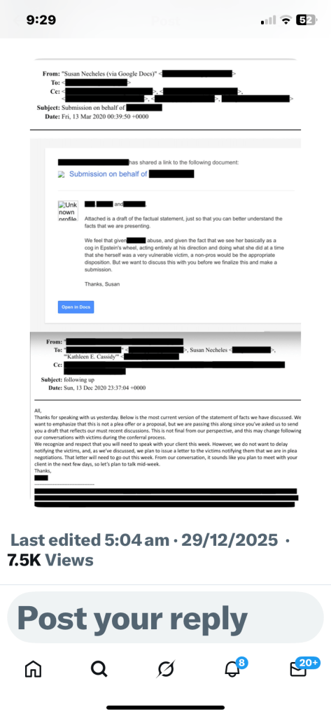 Screenshot of an email correspondence regarding legal matters related to Sarah Kellen's role in the Epstein case.